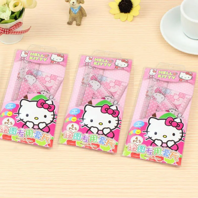 

4Pcs/Set Kawaii Pink Hello Kitty Straight Triangular Ruler Protractor Stationery Lovely Drawing Tool Student Study Supplies Gift
