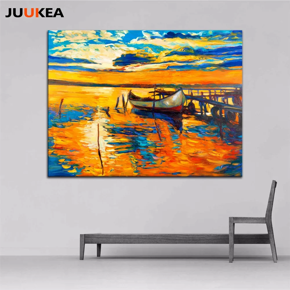 

Modern Abstract Classic Setting Sun Ship Ocean Canvas Art Print Painting Poster, Wall Picture For Living Room, Home Decor