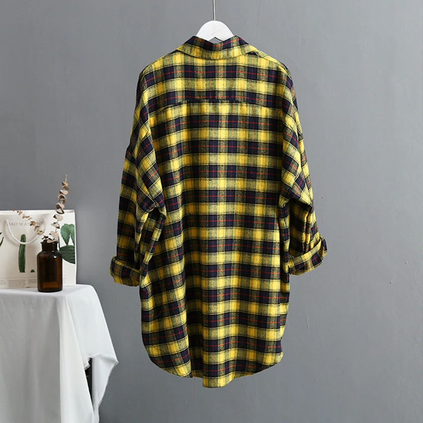  New Arrival Women Oversize Classic Yellow Plaid Long Blouse Batwing Sleeve Curved Hem Shirt Turn-Do