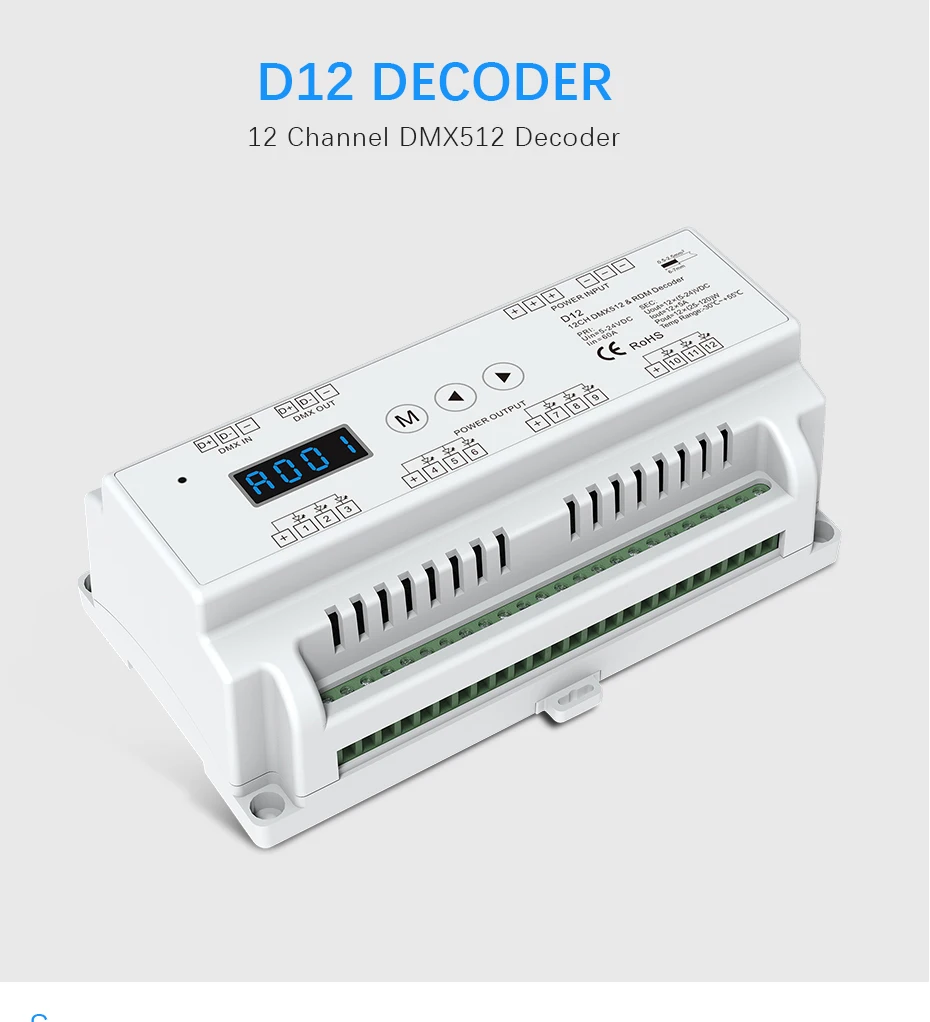 Din-рейка монтируется постоянное напряжение 12 каналов CV DMX512 декодер; DC5-24V вход; 5A* 12CH выход с дисплеем для Настройка адреса DMX