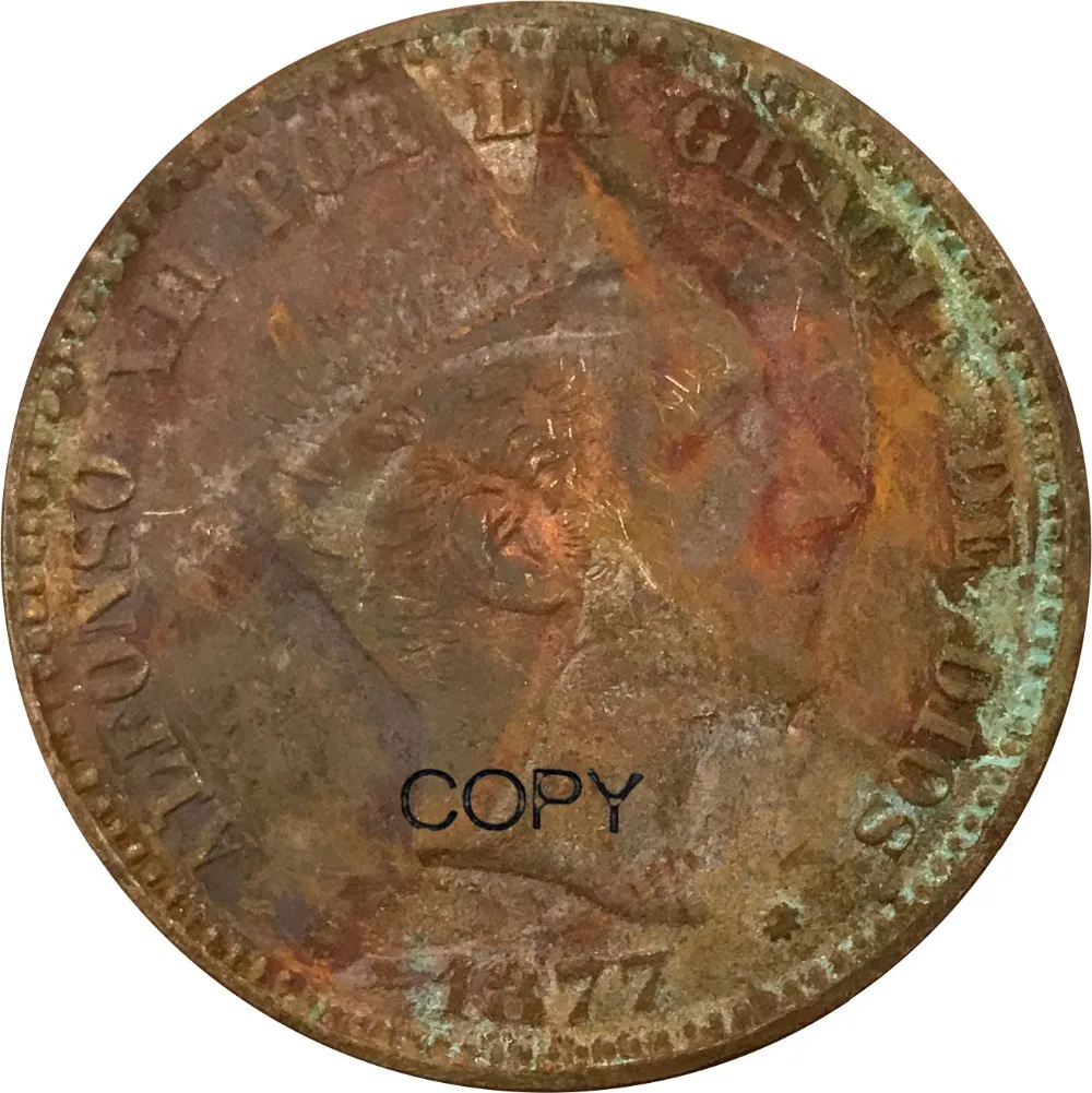 Испанские копировальные монеты 10 Centimos Alfonso XII 1877 из красной меди с гладким краем |