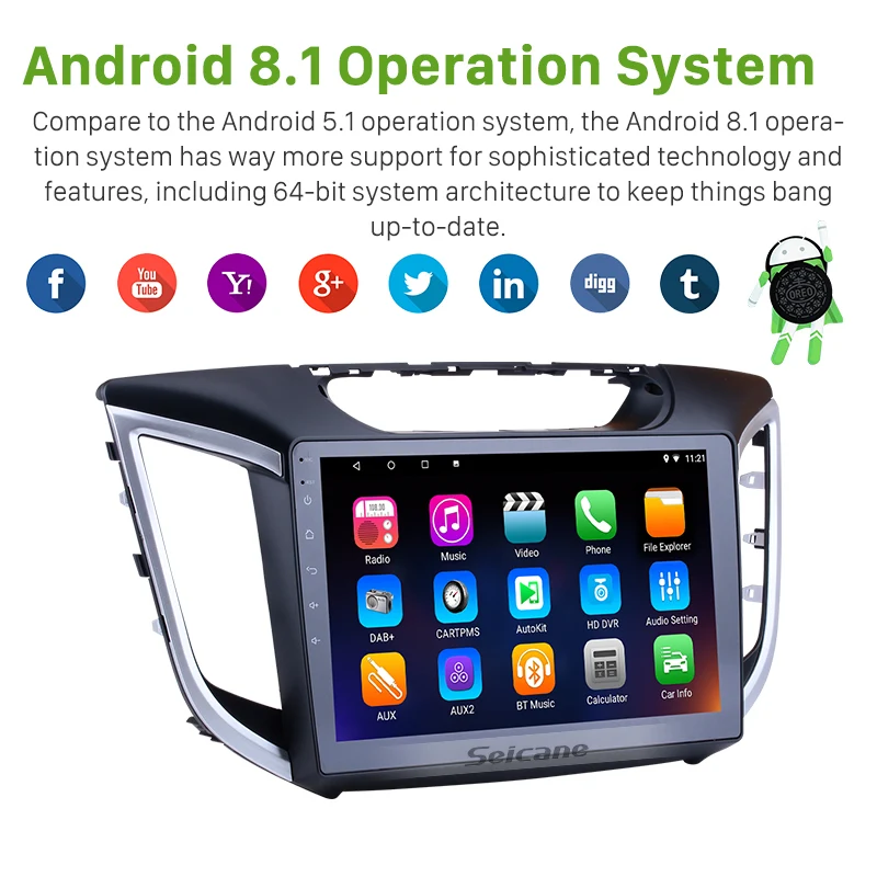 Perfect Seicane 10.1" Android 8.1/7.1 Car Radio Bluetooth GPS Navigation for 2014 2015 Hyundai IX25 HD touchscreen Multimedia Player 1