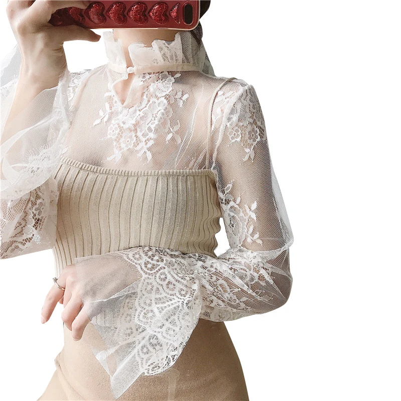 Gowyimmes SPring Sweety Girl Floral Lace Shirt Sexy Women Hollow Out Mesh Blouse Lady Long Sleeve Blusas Basic Tops Pullover 228 5