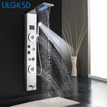 

ULGKSD Bathroom Shower Faucet Massage Jets Tub Shower Column Mixer Tap LED Waterfall Rain Shower Panel Para Douche