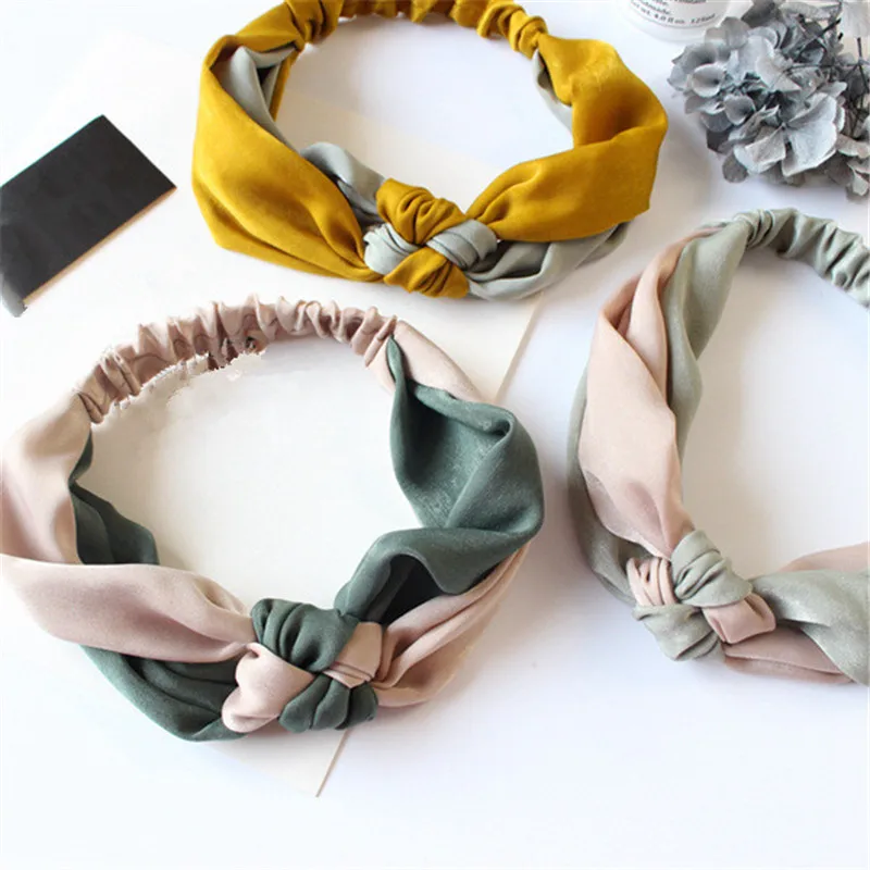 

Retro Women Stitching Satin Hairband Fashion Headband Female Cross Bow Patchwork Elegant Elastic Hair Accessories