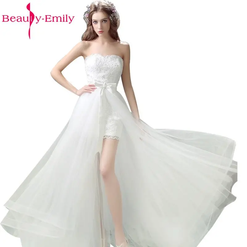 

Beauty-Emily Two Pieces Removeable Train White Wedding Dresses 2017 Off the Shoulder Sweetheart Sheath Wedding Party Gowns