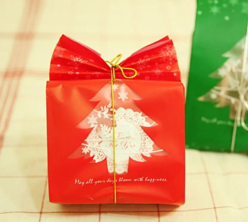 100 шт./лот, красный зеленый Рождественский пакет для упаковки печенья, Подарочная выпечка, пакет для конфет, посылка