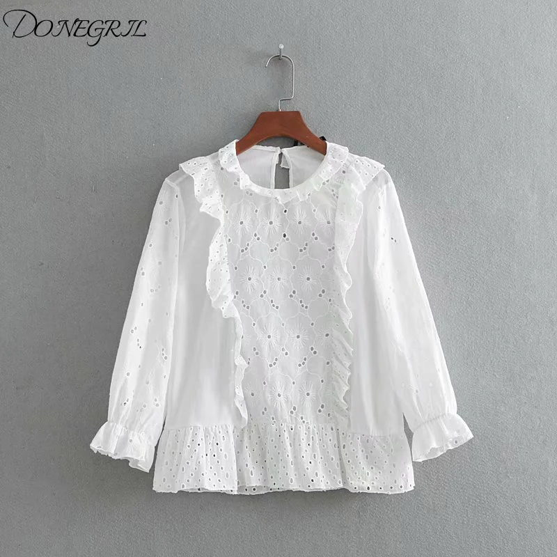 

2019 spring and summer new European and American style white round neck backless ruffled openwork embroidered blouse