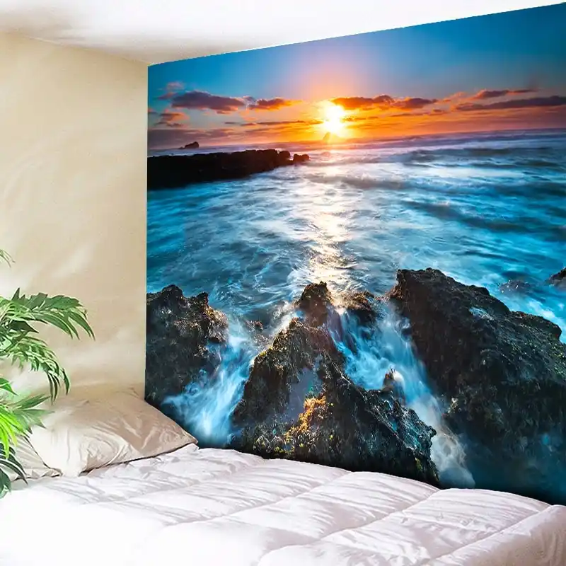 US Ship Sunset Sea Scenery Tapestry Room Wall Hanging Psychedlic Throw Tapestry