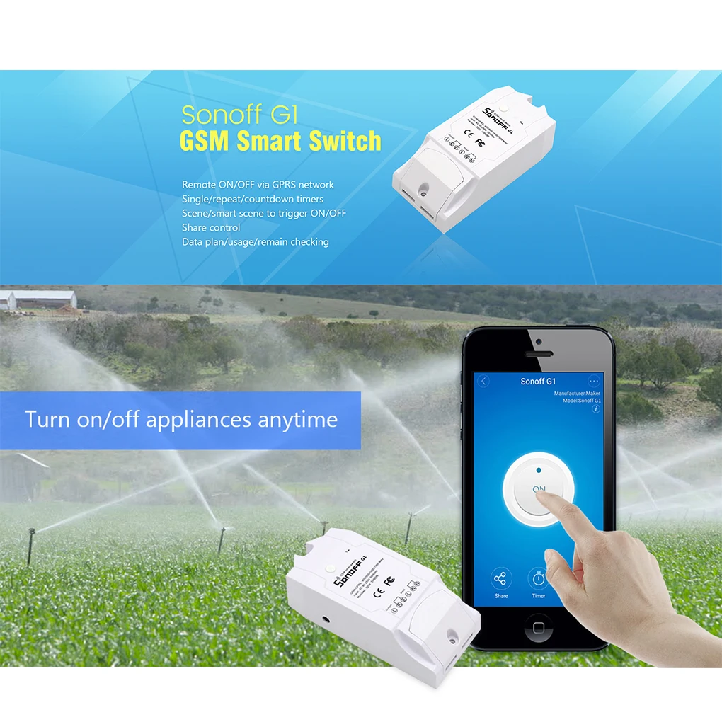 

Sonoff G1 WiFi Smart Intelligent Switch GPRS Switch GSM wifi Controller for Smart Home Automation Water Pump Lights Outdoor Use