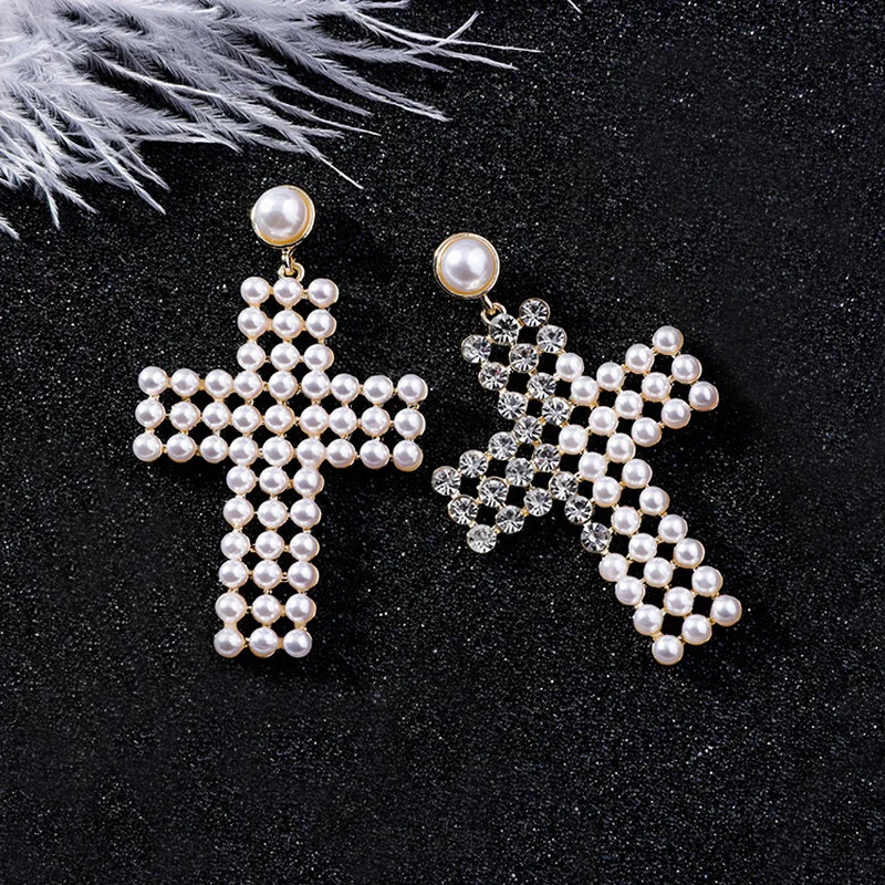 

European Statement Imitation Pearl Cross Earrings for Women Fashion Rhinestone Drop Korean Jewelry Accessories Pendientes XE1308