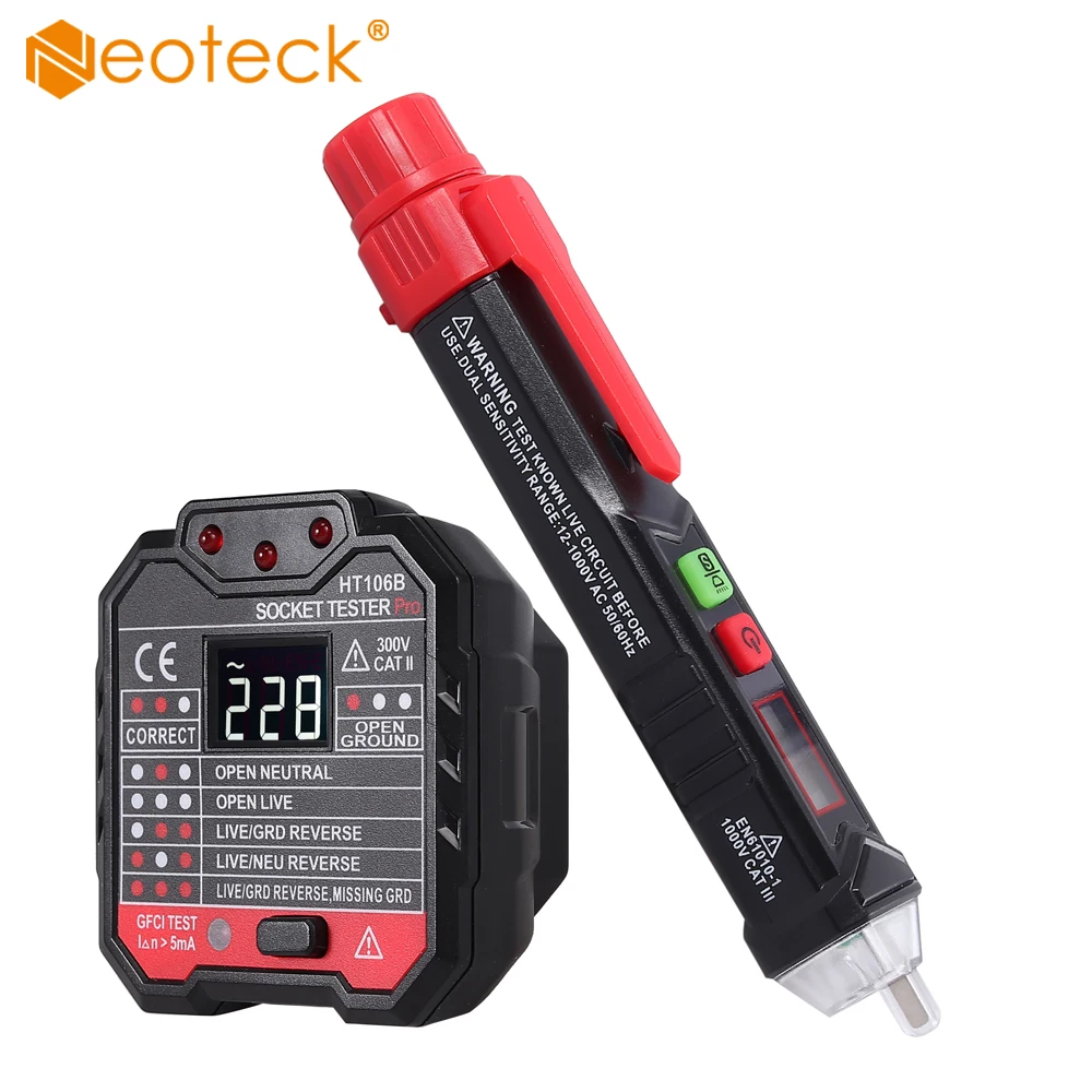 

Neoteck Non-Contact Voltage Tester Pen and Outlet Tester Socket Tester kit with LED Flashlight Pre-Installed Outlet Tester
