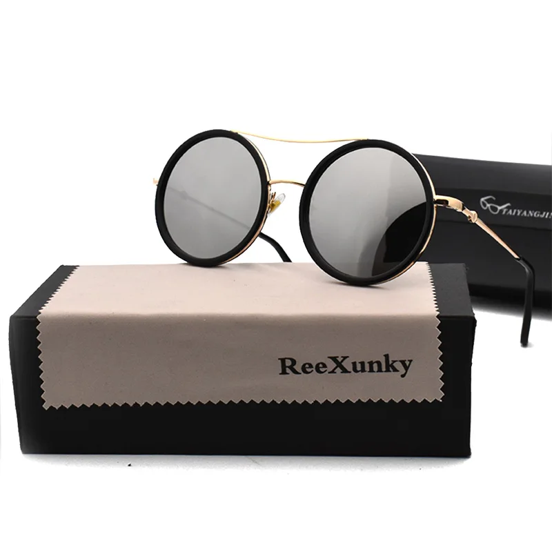 ReeXunky, круглые солнцезащитные очки для женщин, Двойные Лучи, металлическая оправа, Ретро стиль, солнцезащитные очки, классический дизайн, подходят ко всему, зеркальные оттенки, козырек, Oculos Top