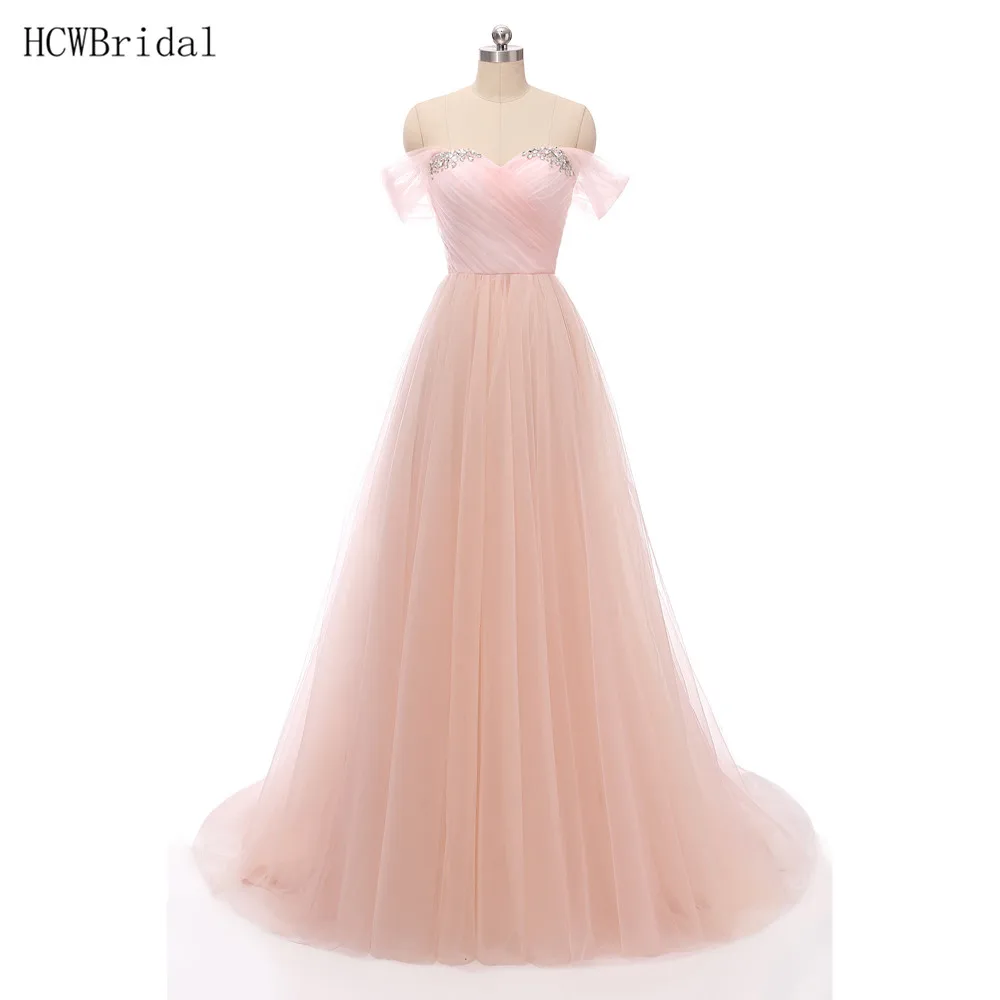 

Hot Selling Blush Pink Tulle Long Evening Dress Crystals A Line Off The Shoulder Floor Length Formal Occasion Gowns 2019 Cheap