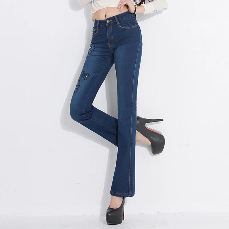 Avec Femmes Stretch Brodé Pantalon Été Jeans Automne Blanchis 2017 Broderie Denim Femelle Floral Printemps Flare Mince Y5Otq5w