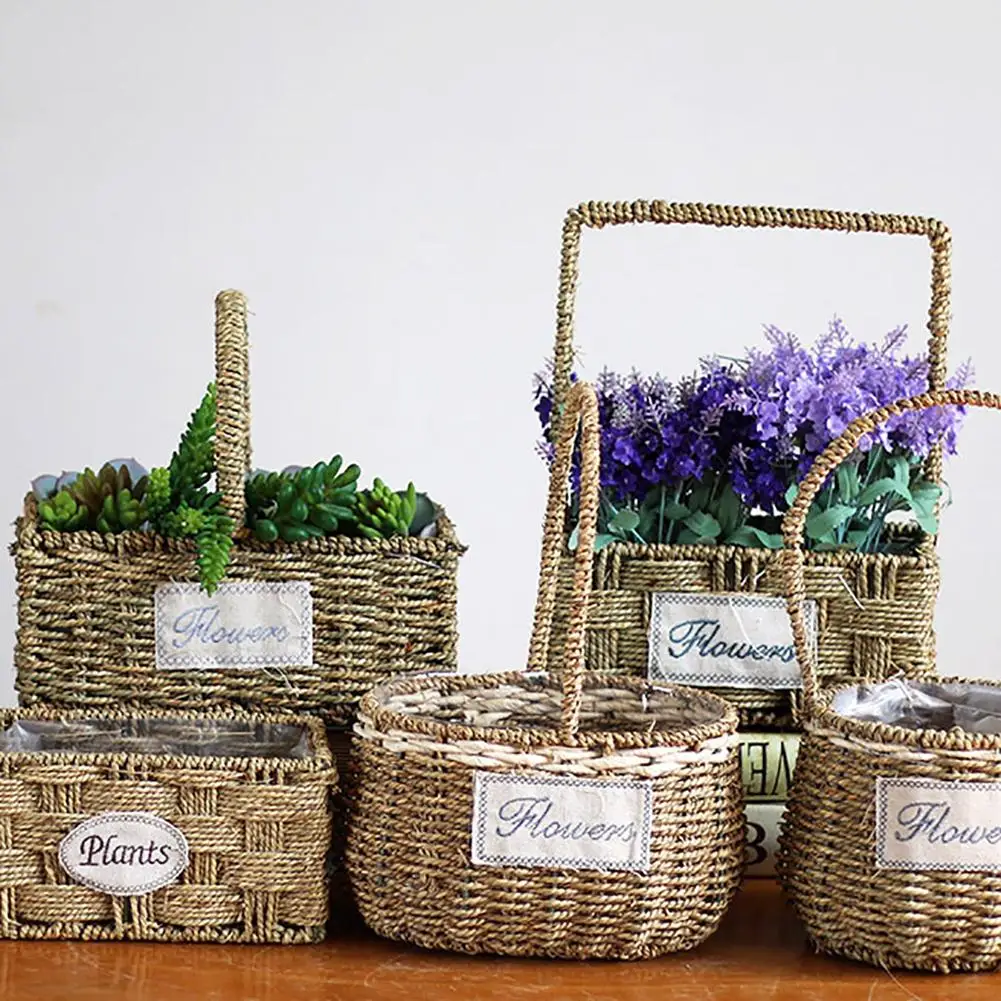 

Europe Rural Bamboo Silk Artificial Flower Basket Tabletop Wedding Scindapsus Aureus Succulent Gardening Flowerpot Planter Vase