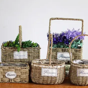 

Europe Rural Bamboo Silk Artificial Flower Basket Tabletop Wedding Scindapsus Aureus Succulent Gardening Flowerpot Planter Vase