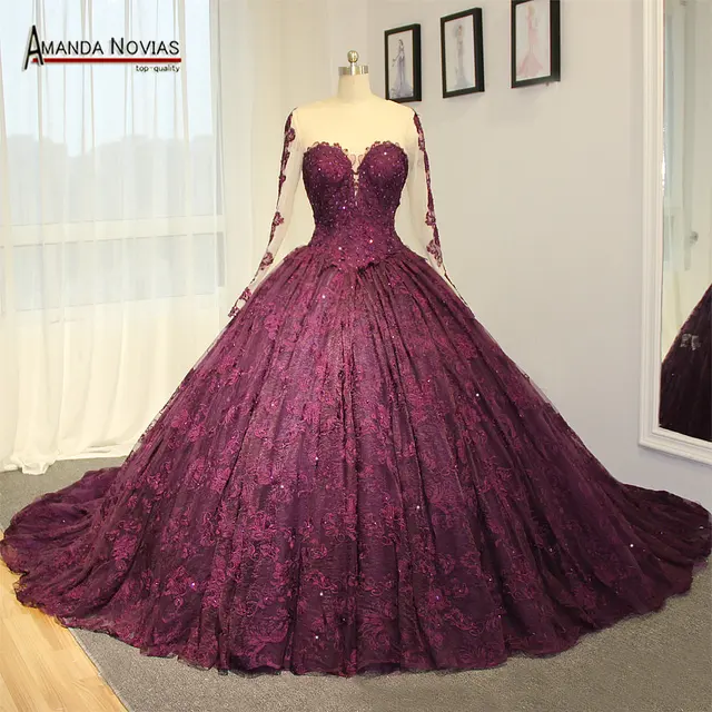 Amazing high end wedding dress purple lace wedding dress long train ...