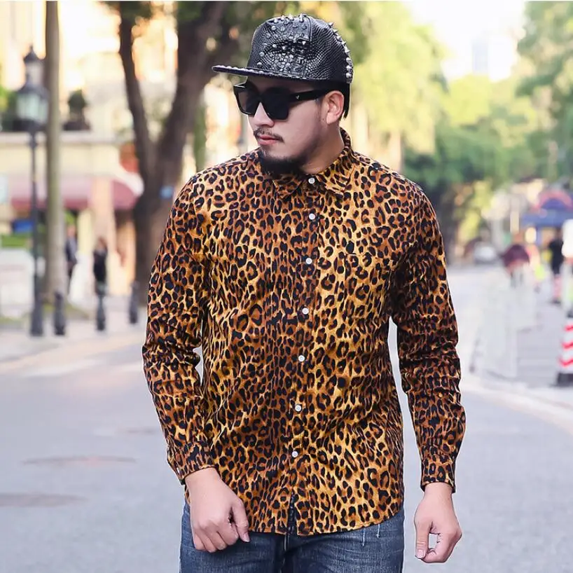 

M-6xl Large Size Men's Clothing Tide Autumn Loose Long Sleeve Printing Leopard Shirt Hairstylist Nightclub Singer Costumes