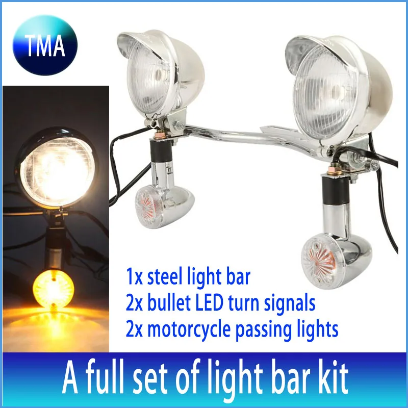 A Set Universal Chrome Motorcycle Passing Light Bar Kit White Amber