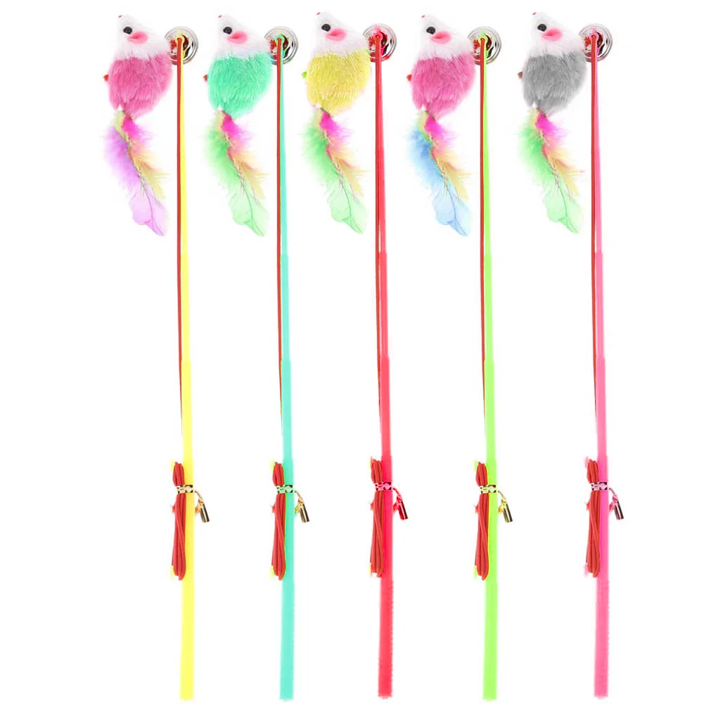 5pcs Pet Cat Toys Interactive Dangle Faux Mouse Rod Bell Toy Colorful Feather Wand Teaser Rod for Cats Supplies
