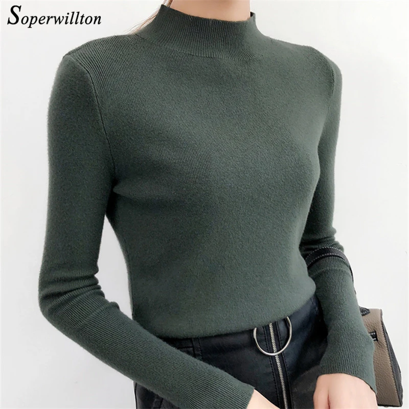 

Soft Army Green Women Pullover Autumn Sweaters Long Sleeve half collar Basic Knitted Winter Tops Femme 2019 Jumper Pull Femme