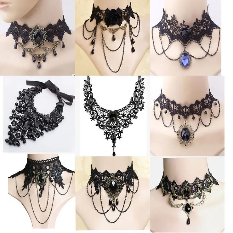 New Collares Sexy Gothic Chokers Crystal Black Lace Neck Choker