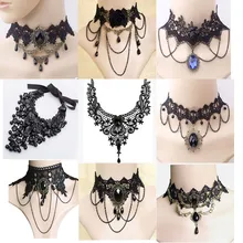 Nuevo Collares Sexy gargantillas góticas de cristal negro cuello de encaje gargantilla collar vintage, victoriano mujeres gargantilla joyería Steampunk