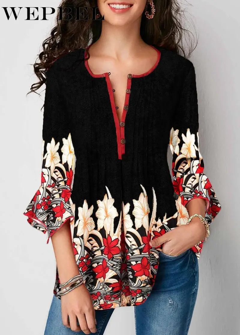  WEPBEL 2019 Summer Women V-neck Blouse Casual Seven-Sleeve Shirt Ladies Printed Lotus Sleeve Tops F