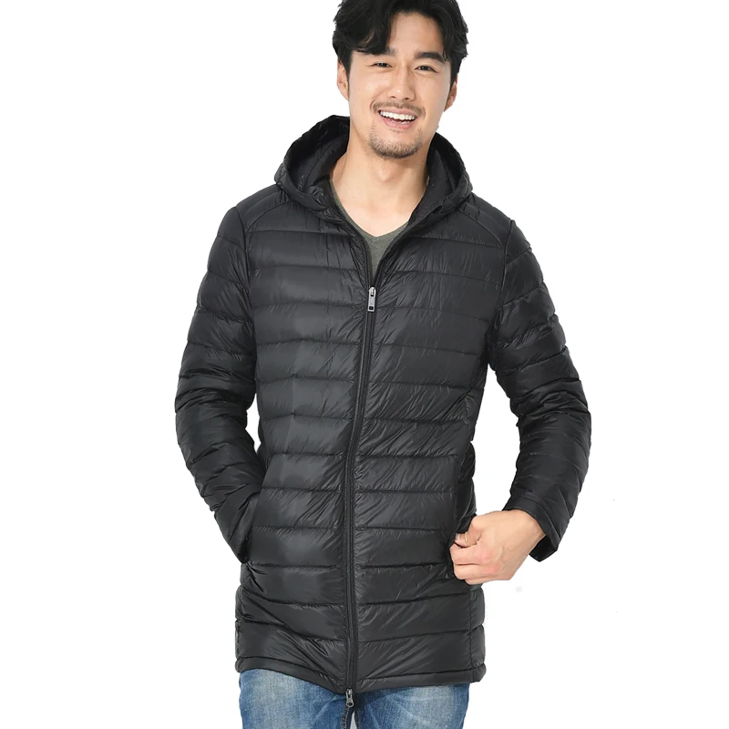 Men Mid-Long Jacket Winter Coat 90% Duck Down Parkas Hooded Ultra Light Solid Color Autumn Windbreaker Zipper