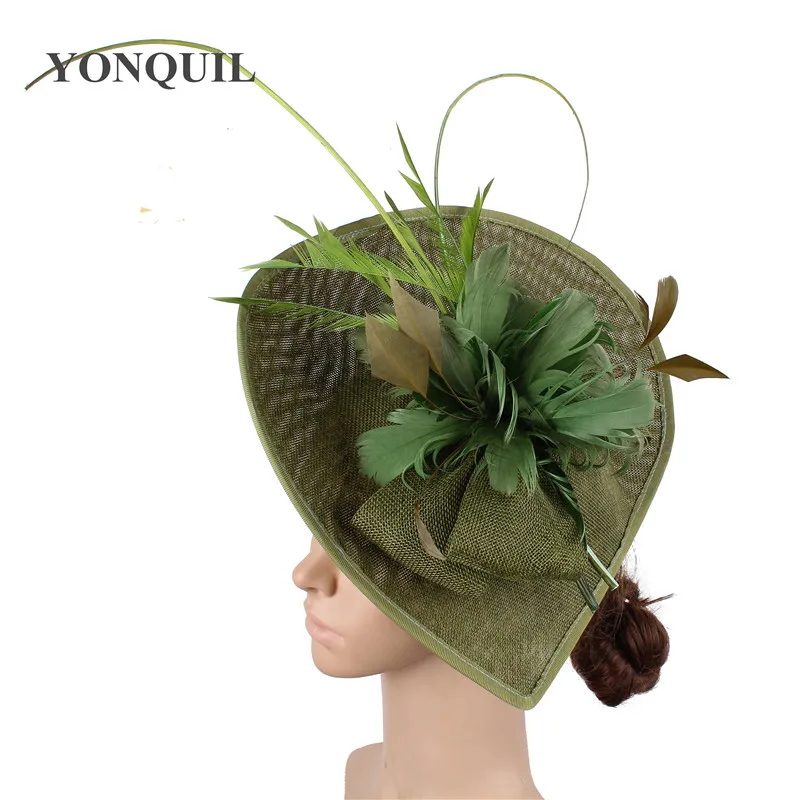 Vintage Army green kenducky derby fascinator hair hats for elegant women wedding church occasion accessories feathers headpieces