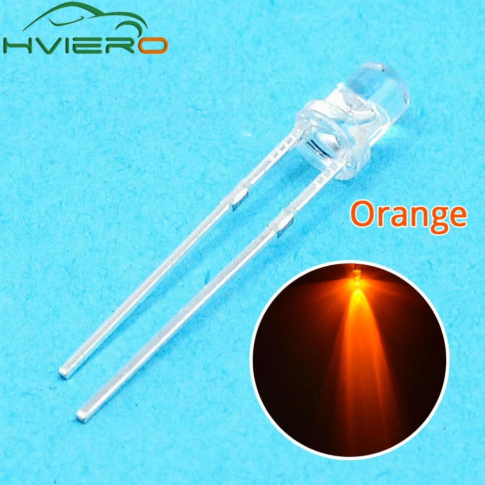 

100pcs 3mm round top Orange Amber 1.8~22V 620~630NM 20MA Led Ultra Bright Head Wide Angle light emitting water clear diode lamp