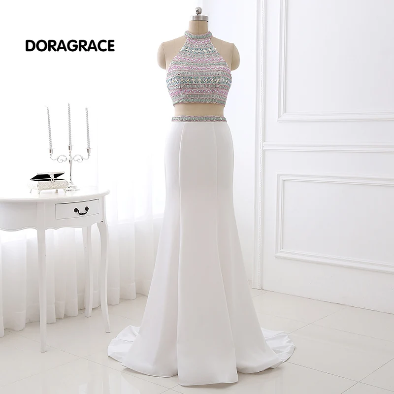 

DORAGRACE New Arrival Glamorous Crystal Beaded Mermaid Floor-Length Open Back Two-Piece Prom Gowns Evening Dresses DGE075