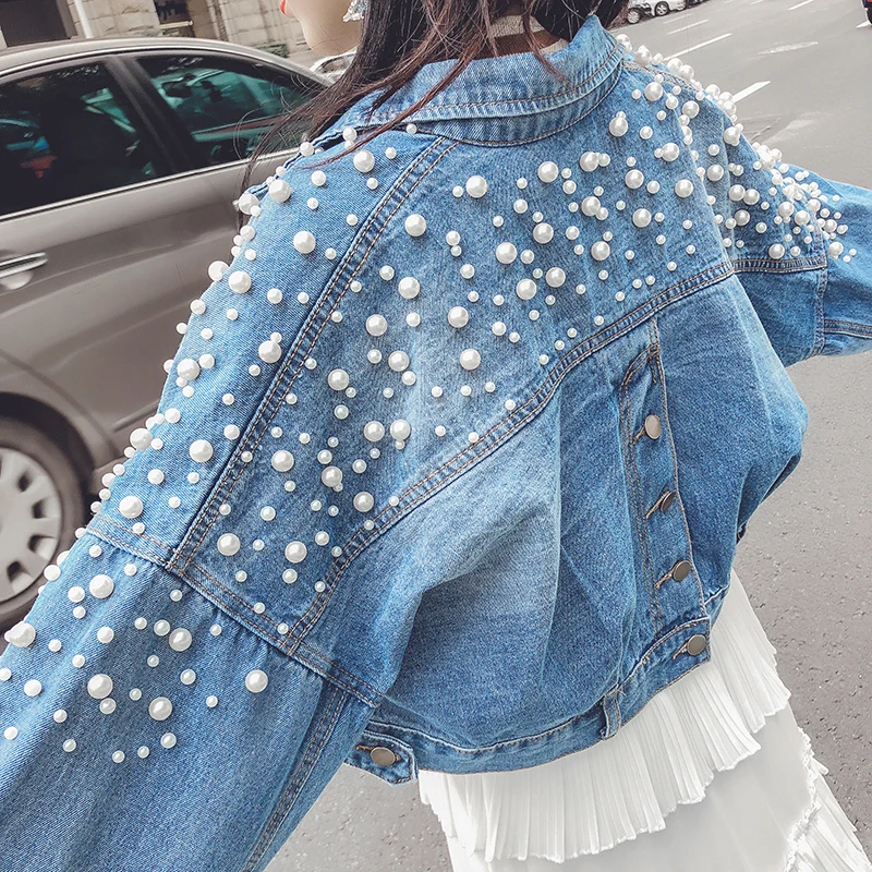 

CBAFU pearls women denim jacket long sleeve single button back loose basic coats jeans cowboy short outwear korean fashion N776