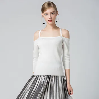 

Women Knitted Crop Tops Off Shoulder Spaghetti Strap Pullover Sweater 2019 New Summer Streetwear Women Knitwear Tee Shirts