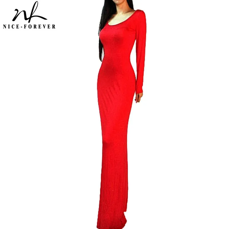 

Nice-forever Vintage Causal Solid Color Sexy Backless Long Sleeve vestidos Maxi Women Party Flare Long Dress A092