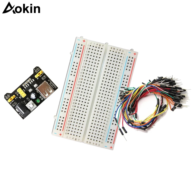 

Aokin breadboard kit with 400 pin breadboard 65pcs dupont cable power supply pcb bread board DIY kit for Arduino