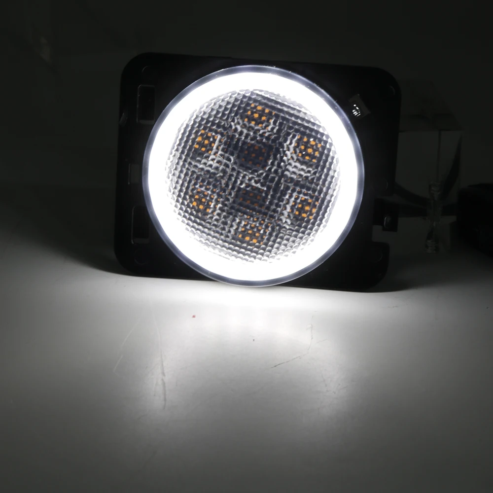For 2007-2017 Jeep Wrangler JK Smoke Lens White Halo Ring Amber LED Front Turn Signal Light + Fender Side Marker Parking Lamp (21)