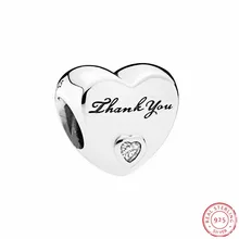 925 стерлингового серебра сверкающие в форме сердца CZ "спасибо" бусины с гравировкой DIY Fit PANDORA Подвески для женщин ювелирных изделий FL526