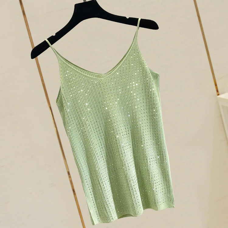 Summer wear sweater, sleeveless sexy base v neck ice silk hot drilling camisole