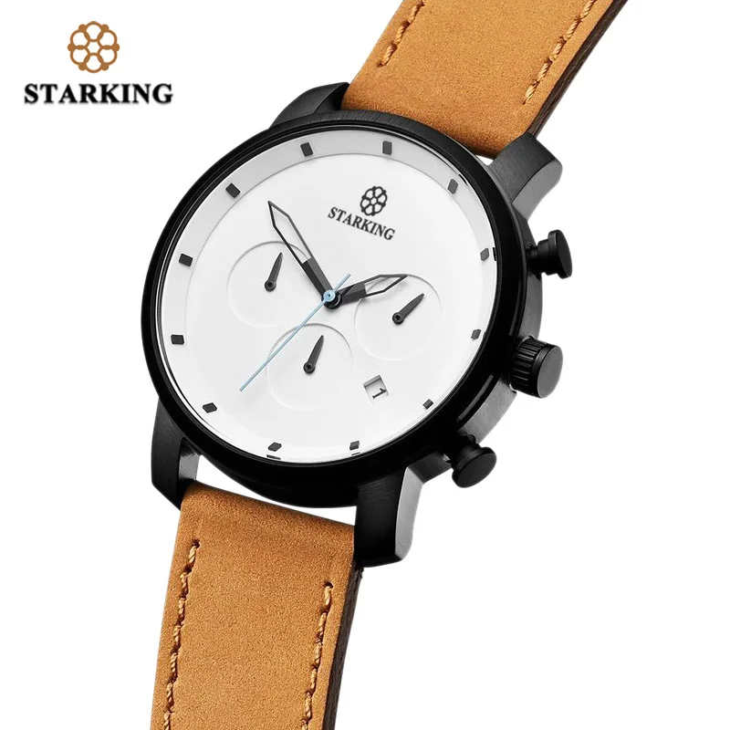 

STARKING Top Brand Luxury Mens WristWatch Brown Geniune Leather Watch Men Fashion Casual Minimal Design Watches Male Chronograph