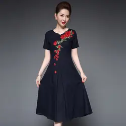 Новое поступление китайский стиль вышивка платье 2019 Высокое качество элегантное с коротким рукавом O_neck темно-синее женское платье с