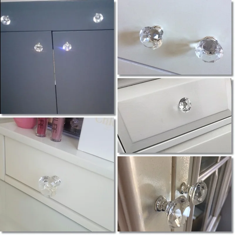 4x White Crystal Glass Knobs Diamond Shape Cupboard Drawer Pull