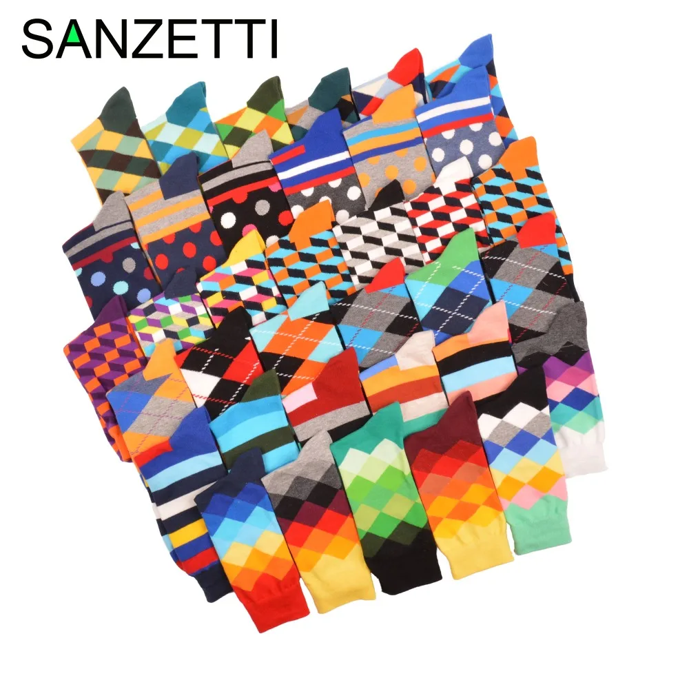

SANZETTI Men's Casual Combed Cotton Socks Gift Socks Colorful Plaid Stripes Street Cool Pattern Novelty Suit Business Socks