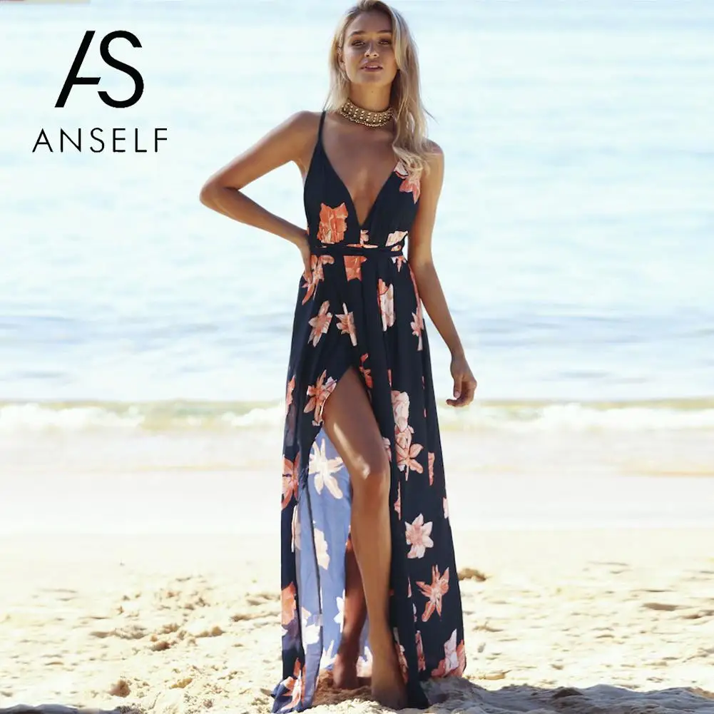 

2019 Summer Slip Dress Women Maxi Long Dress Floral Print Sexy Deep V Split Bandage Backless Beach Holiday casual strap dress