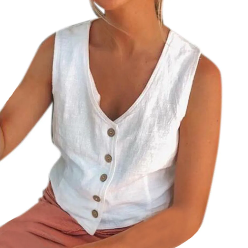 

Women Casual V -neck Solid Sleeveless Buttons T-shirt Tops Support Wholesale And Dropship