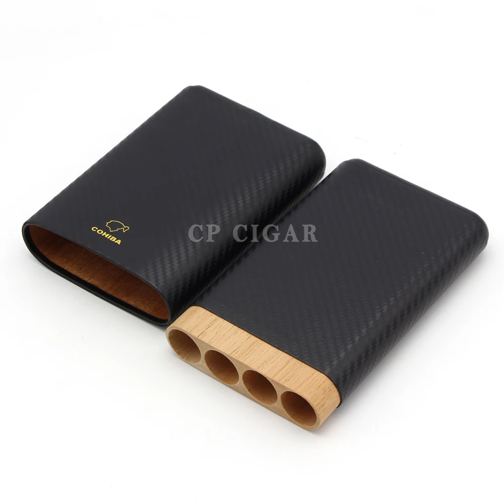 Cigar Case Carbon Fiber Solid Cedar Wood Cigars Cases Hold 4 Max