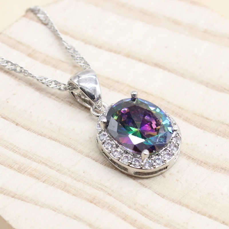 

925 Sterling Silver Jewelry Rainbow Black Blue Green Cubic Z Necklace Pendant Jewelry