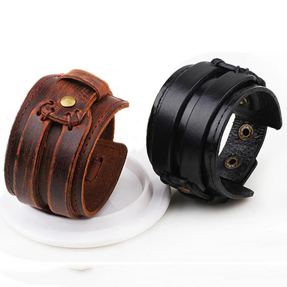 

Fashion Wide Black & Brown Genuine Leather Bracelet With Alloy Buckle Adjustable Fashion Men Wrap Bracelets Jewelry