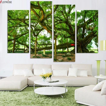 

CLSTROSE 4 Pcs Green Tree Modern Paintings On Canvas Large Tree Landscape Modular Wall Picture Living Room Decor Canvas Painting